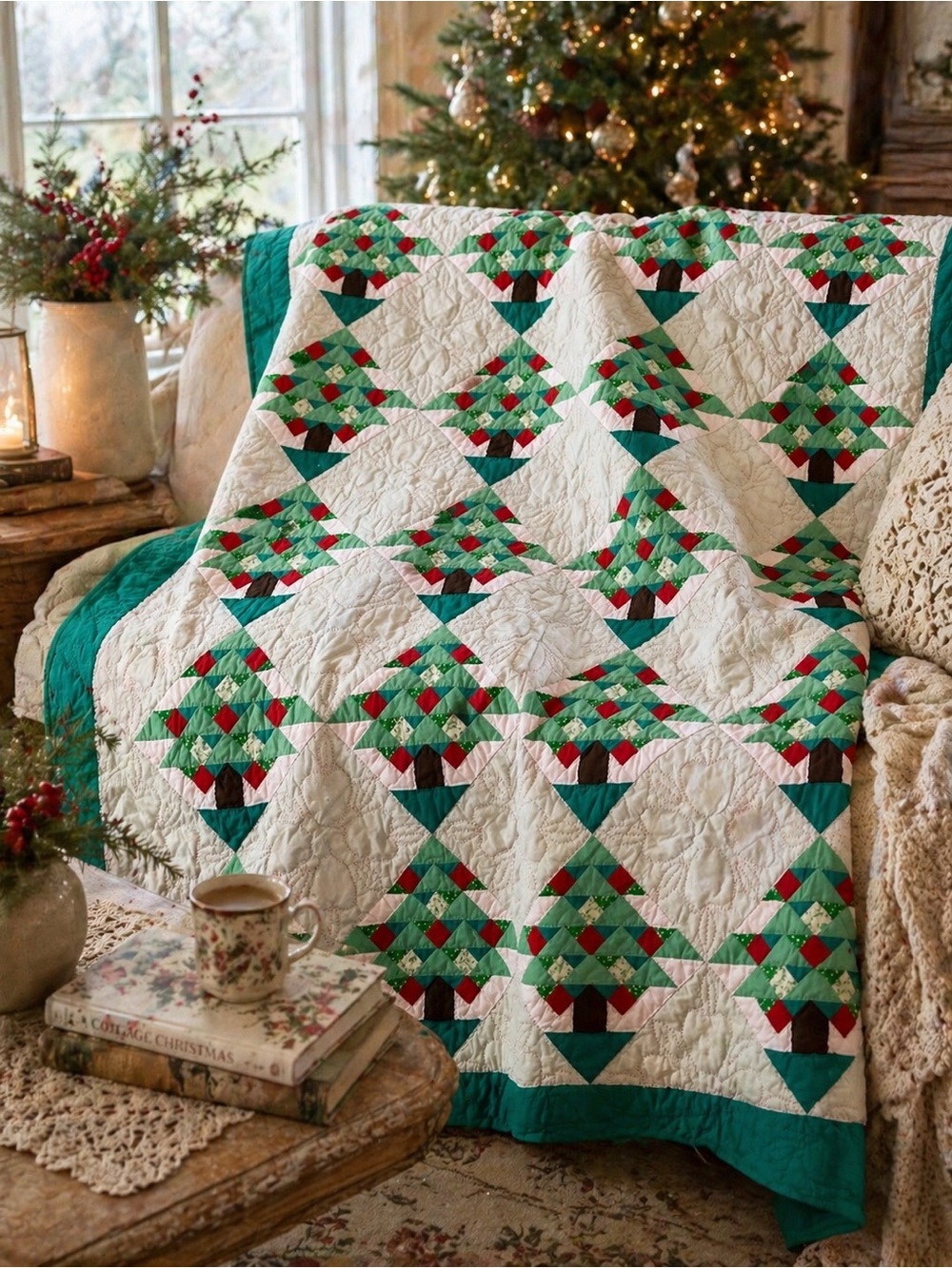 Handmade Christmas Tree Quilt 70x84 Vintage Cottagecore Holiday Throw